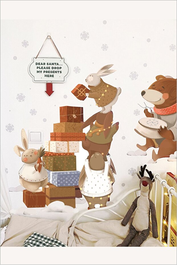 New Year Celebration Rabbits and Teddy Bear Wall Sticker - Christmas and Winter Themed Decor