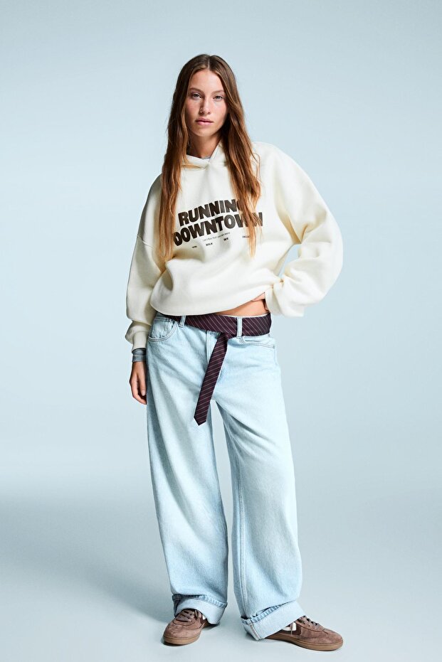 Oversize baskılı kapüşonlu sweatshirt - 1