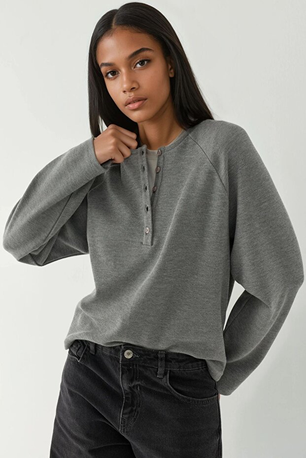 Comfortable Patterned Half Placket Buttoned Basic Long Sleeve T-Shirt - 1