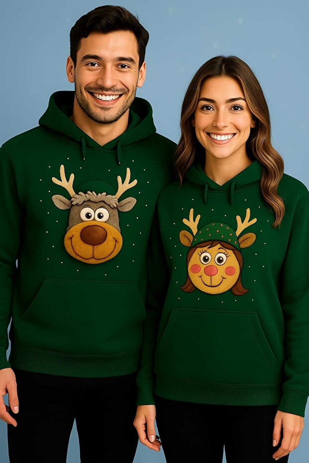 Liyada Oversized Geyik Printed Yeşil Hooded Sweatshirt New Year's Lover Couple Combination Gift