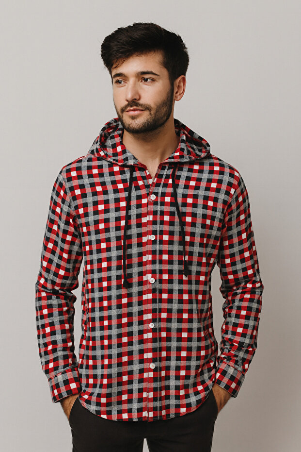 Men's Check-Print Cotton Hoodie Shirts