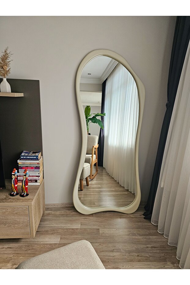 UĞURLU HOME 180x80 cm Asimetrik Boy Aynası - Ekru Ahşap Görünümlü Dekoratif Duvar Aynası