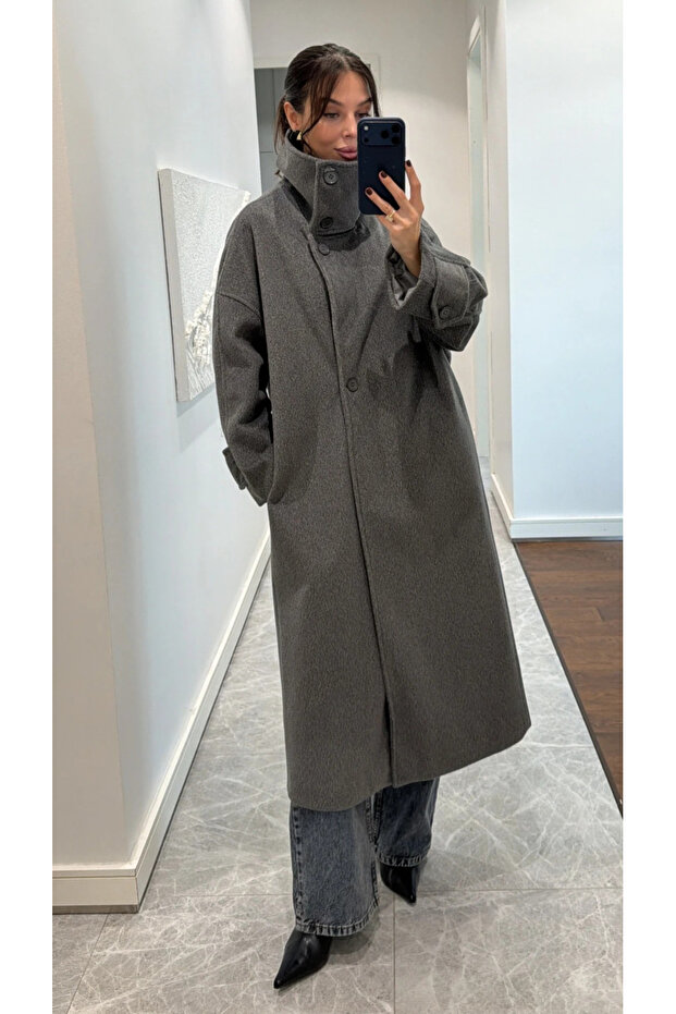 Gray Vittoria Buttoned Collar Coat - 2511