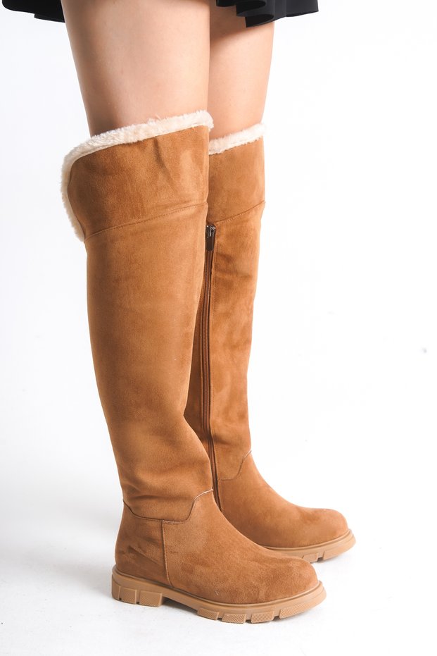 Women's Boots Tan Suede Riding Over-The-Knee Fur Non-Slip Sole Zippered Kety