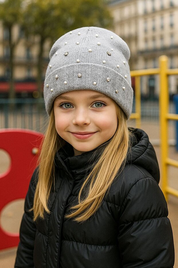 Gray Pearl Stone Embroidered Girl's Beret 7-12 Years Old