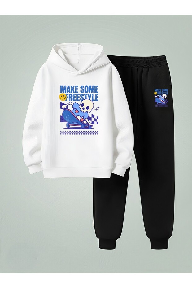 Boy's Hooded Set Make Some Printed 3 Thread Ş Fleece-Lined Sweatshirt - Tracksuit Set