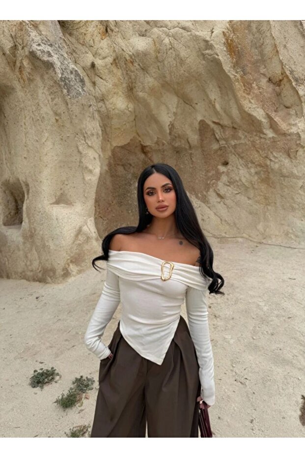 Women's White Madonna Neck Buckled Blouse