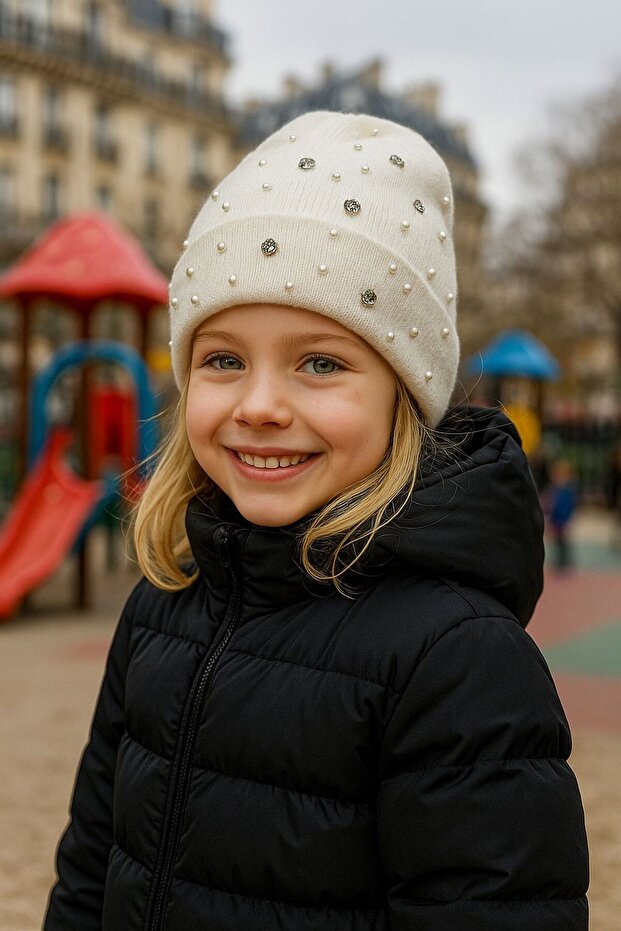 Ecru Pearl and Stone Embroidered Girl's Beret 7-12 Years Old