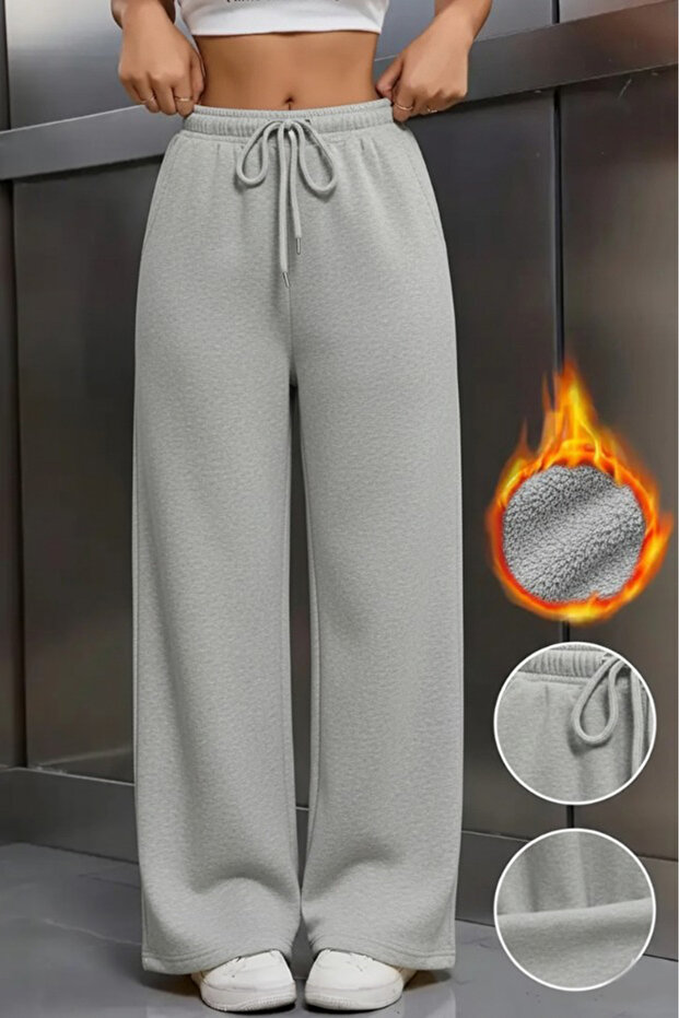 Women's Gray Wide Leg 3 Thread Fleece Winter Sweatpants