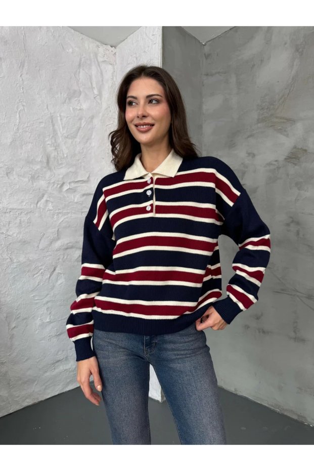 Navy Blue-Burgundy Polo Neck Striped Women's Knitwear Sweater