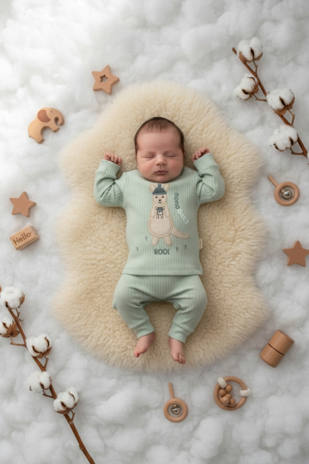 Cute Kangaroo Embroidered 100% Cotton Green Ribbed Baby Set