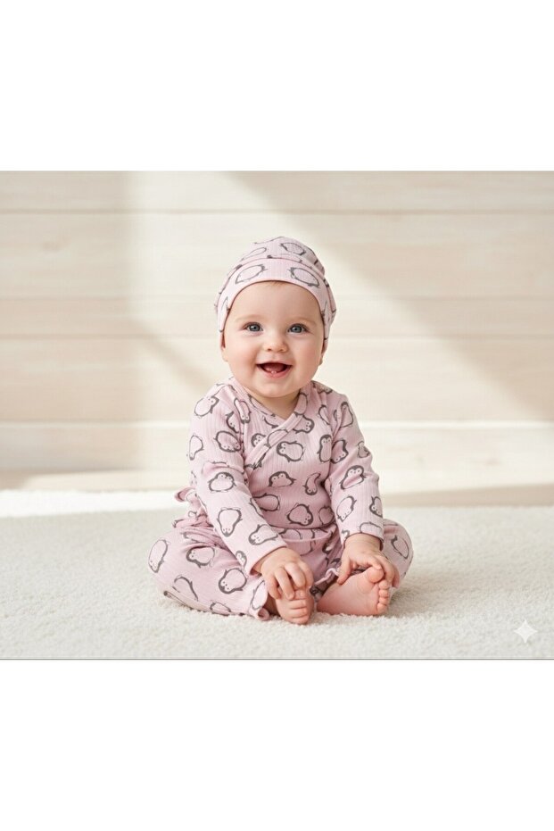 Penguin Patterned Printed 100% Cotton Newborn Top-Down Set and Hat (Set of 3) (0-3 Months)