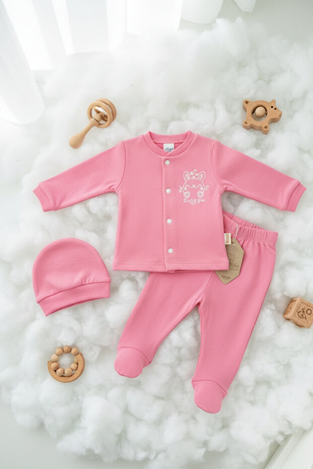 Cute Rabbit Patterned 100% Cotton Pink Baby Set