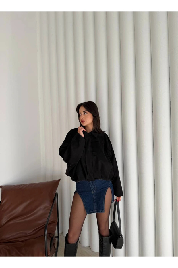 Lüx Süet Oversize Bomber Ceket Siyah - 2