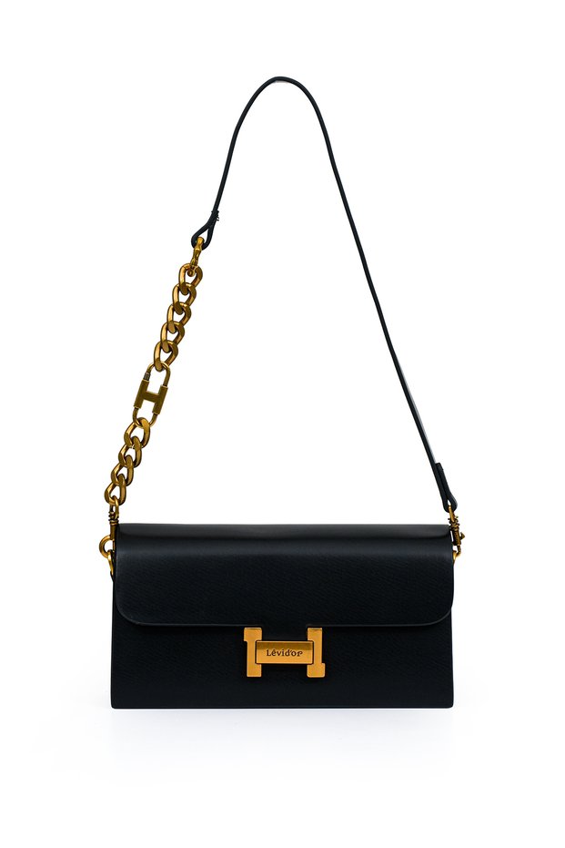 Women's Stylish Shoulder Bag with Flap Logo and Chain Detail Lv930382 Black