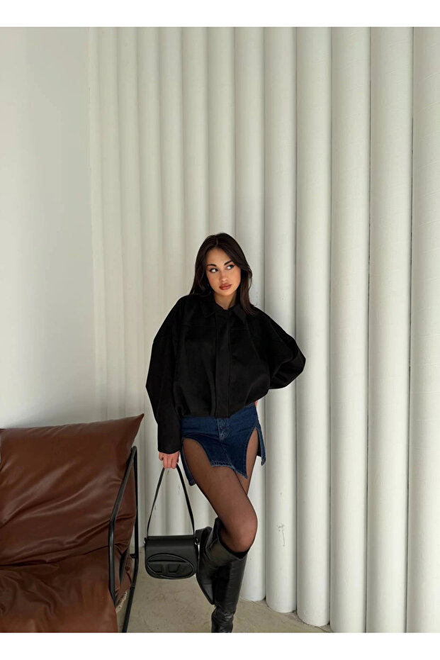 Lüx Süet Oversize Bomber Ceket Siyah - 4