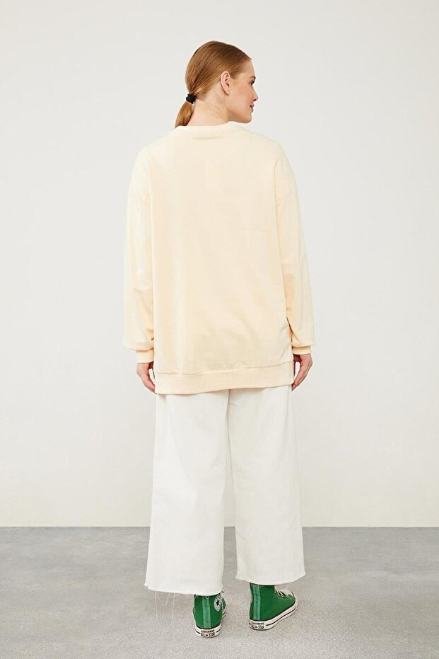 Krem Bisiklet Yaka Ribanalı Basic Sweat - 6
