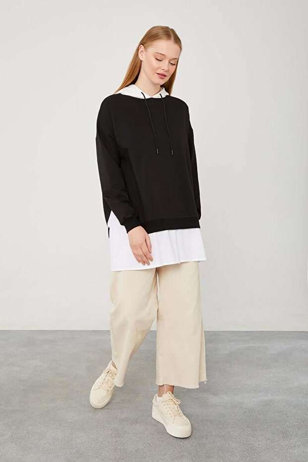 Black Hooded Shirt Detailed Sweat