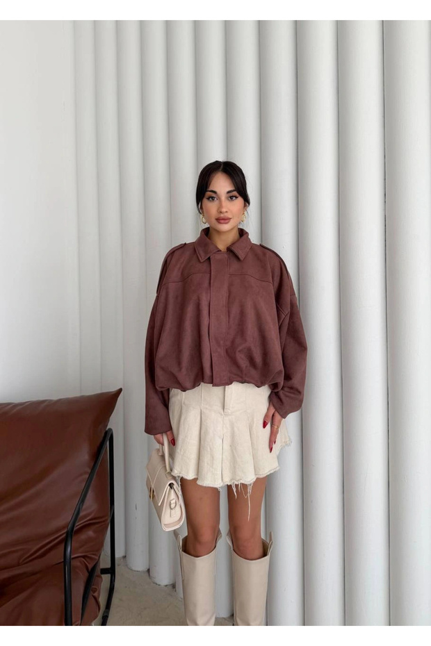 Lüx Süet Oversize Bomber Ceket Kahve - 2