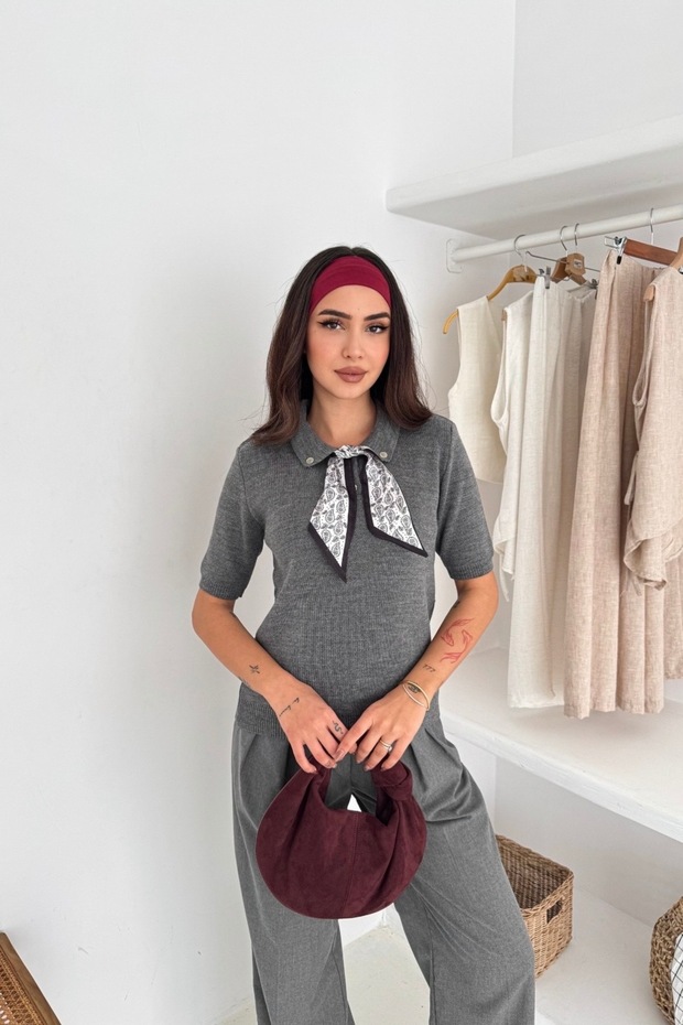 Ribbon Detailed Short Sleeve Soft Textured Knitwear Sweater Aw25Kz0076