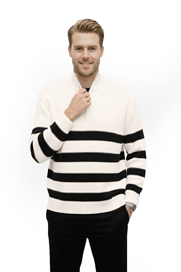 Men's Ecru Half Zipper Oversized Cut Knitwear Sweater Cotton Soft Knit Striped Sweater 2608513