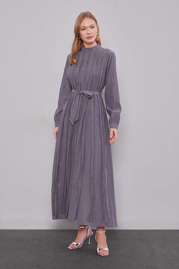 Gray Waist-Tie Pleated Detail Cupra Dress