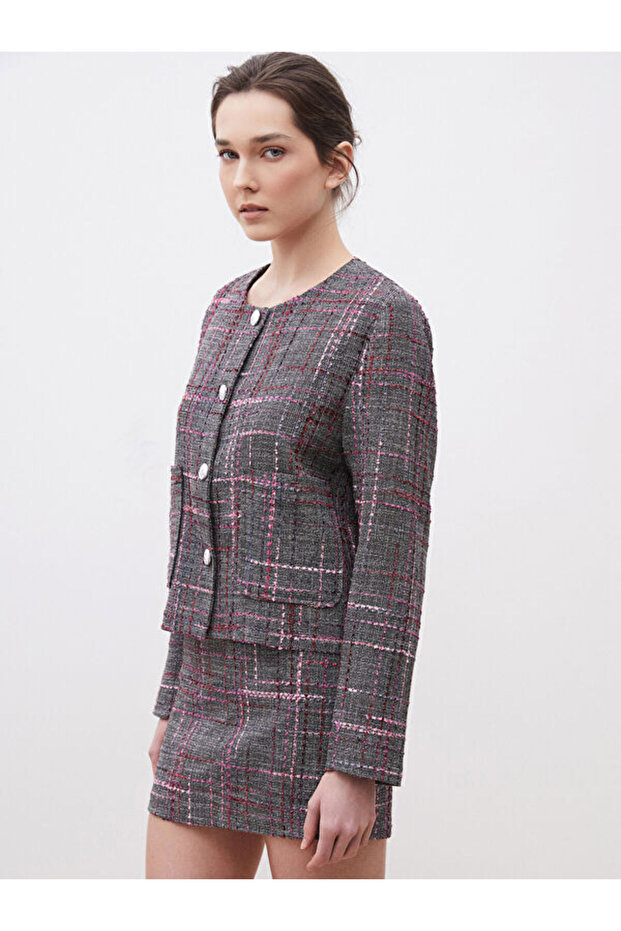 Esvab • Modern & Distinctive Zero Roba Collar Checkered Embroidered Women's Tweed Jacket