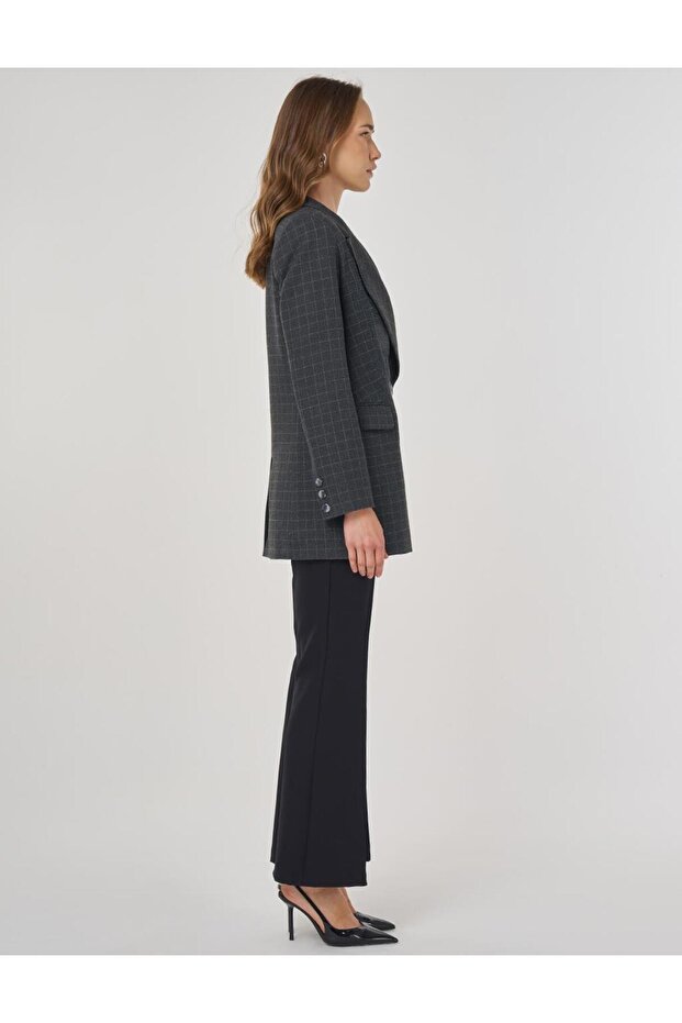 Ekose Desen Blazer Ceket Füme - 6