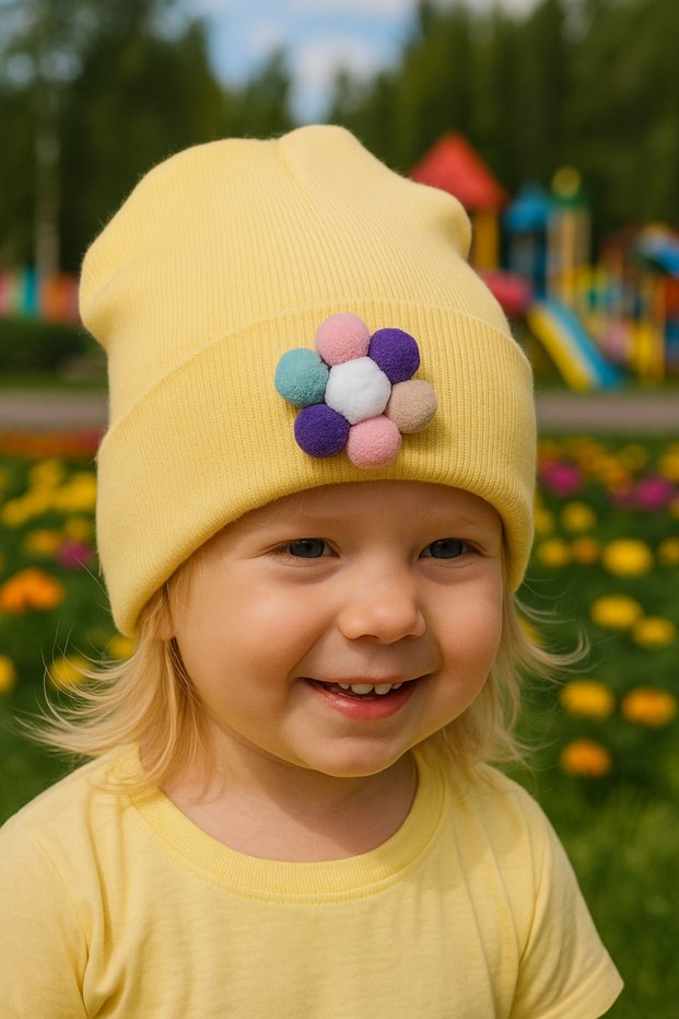 Flexible Ribbed Knit Beret Colorful Pompom Flower Detailed Beret