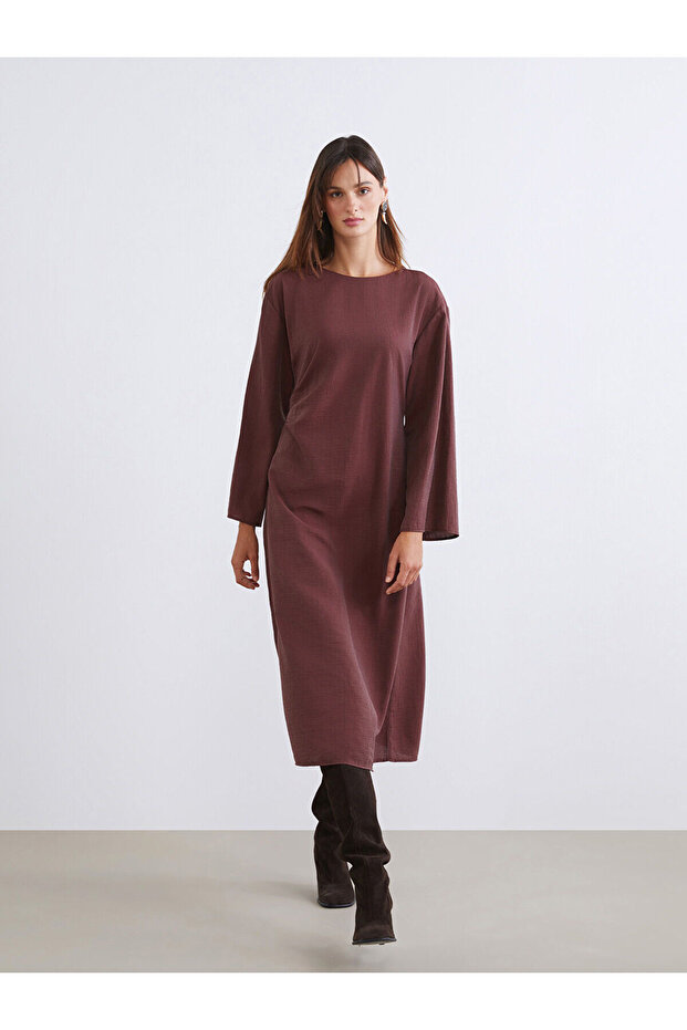 Brown Crew Neck Textured Shirred Dress