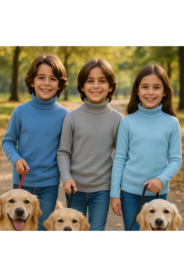 Unisex Children's Long Sleeve Full Turtleneck Corded Fabric Kaskorse Cotton Sweater Body 3 Pieces Blue Gray Turquoise