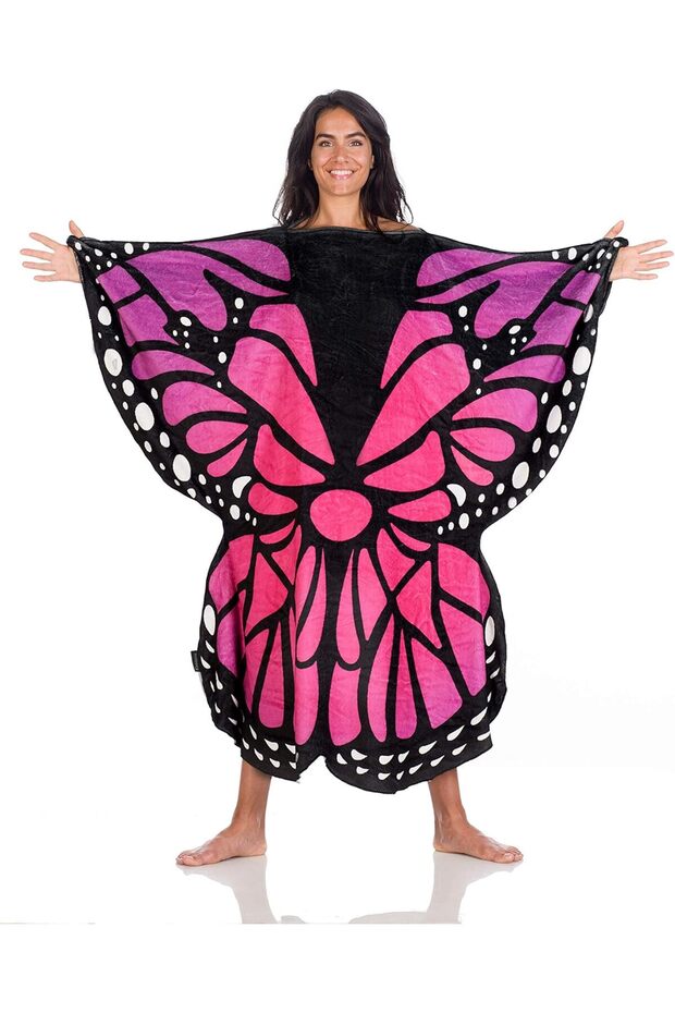 Butterfly Wearable Blanket, 120 x 120 cm, Polyester, Adult, Pink/Blue/Black