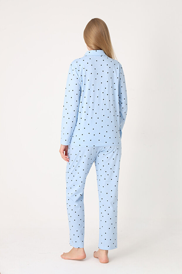 Blue Polka Dot Front Buttoned Pajama Set - 3