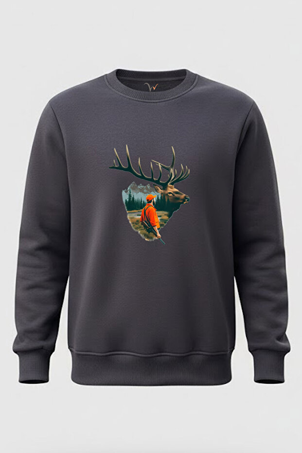 Nature Hunting Deer and Hunter Theme Printed Wild Life Regular Fit 3Thread Sh Fleece-Lined 100% Cotton Sweatshirt