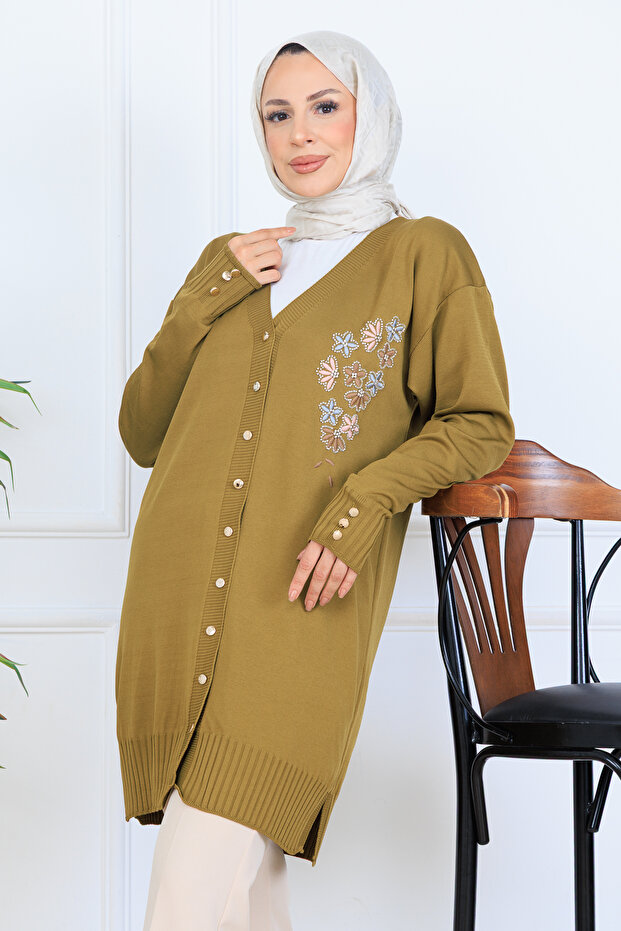 Embroidery Detailed Beaded Mercerized Cardigan N3280 Oil Green
