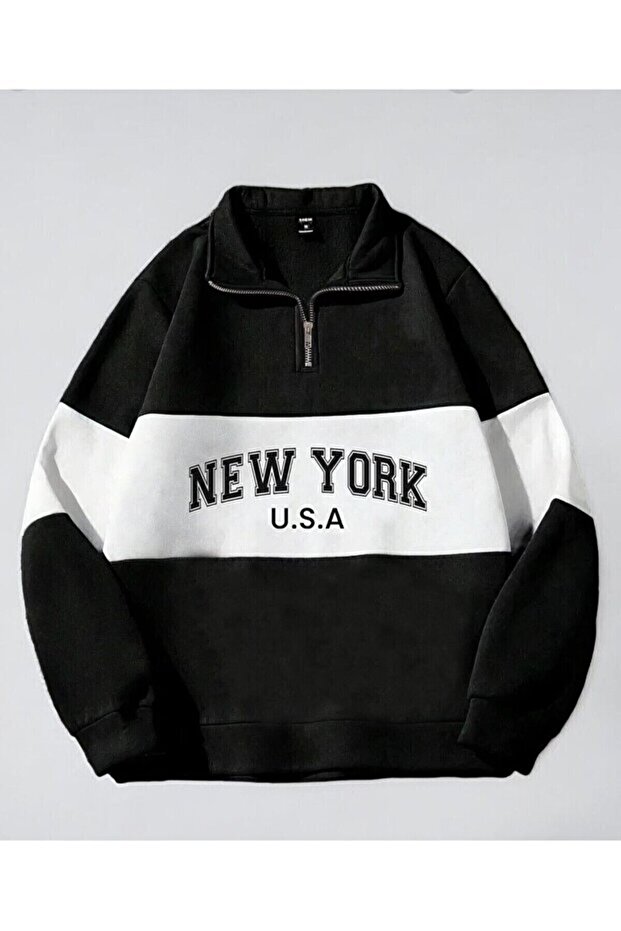 Unisex Black and White Segmented Color New York Usa Printed Half Zipper Polo Neck Sweatshirt