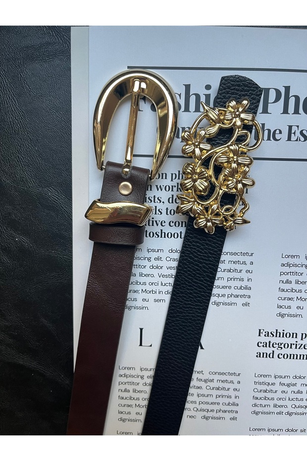 Advantageous Set of 2 Daisy Patterned Gold Buckle Belts and Classic Patterned Gold Buckle Belt Set