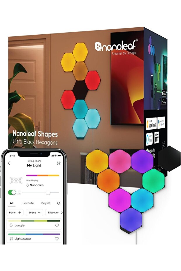 Shapes Ultra Black Hexagon Starter Kit, 9 Smart Light Panels LED RGBW