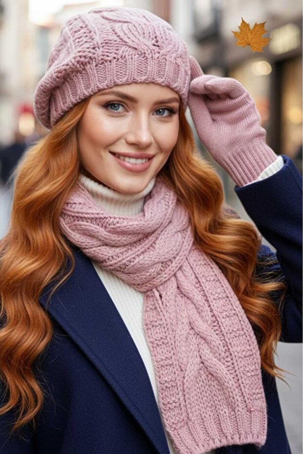 Women's Knitted Patterned Beanie Scarf Gloves Set