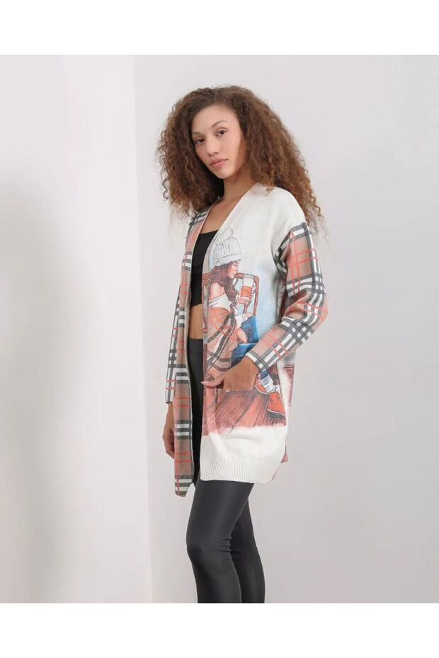 Patterned Long Knit Cardigan - 5000