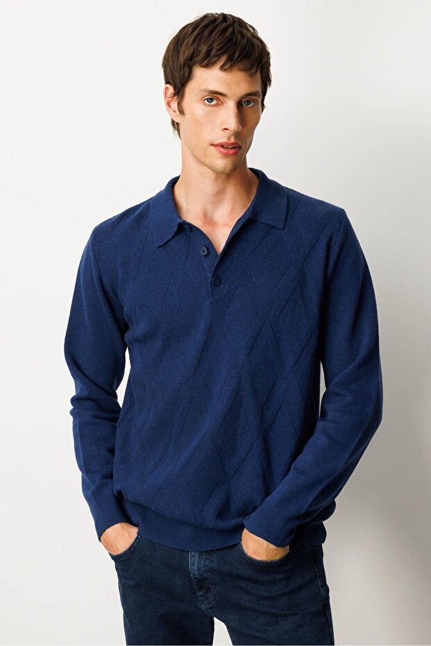 Men's Polo Neck Straw Knit Baklava Yürütmeli Wool Sweater Indigo