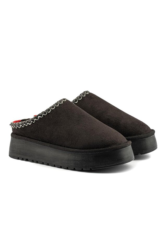 Siyah Süet İçi Yünlü Kalın Taban Terlik - 7