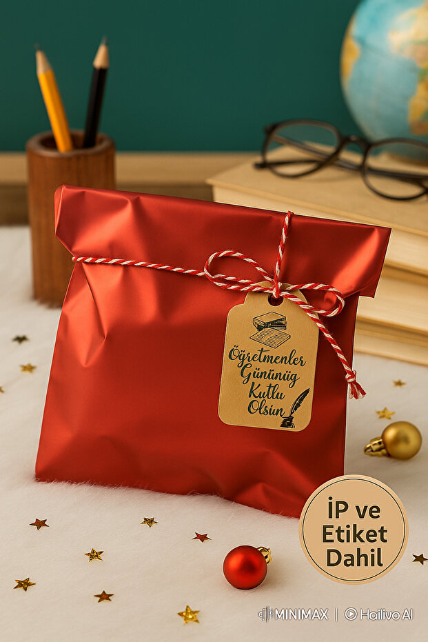 Öğretmenler Günü 30x45 Hazır Metalize Kırmızı Hediye Poşeti ( 1 Metre İp+ Poşet+ Kart) (Sadece Set) - 1