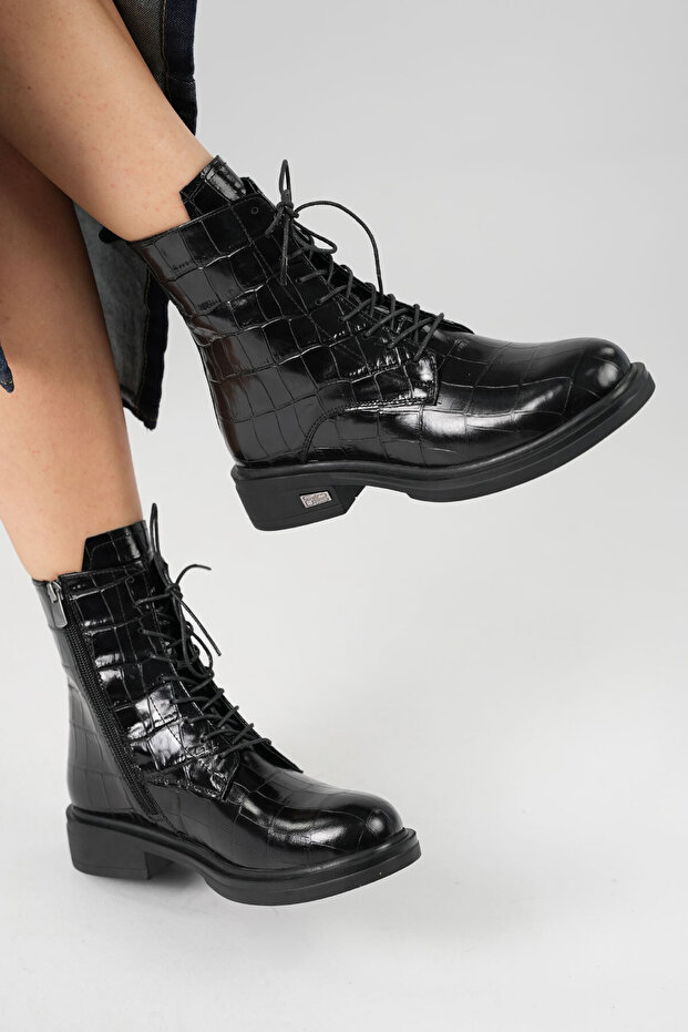 Gloria Black Shiny Crocodile Leather Women's Boots