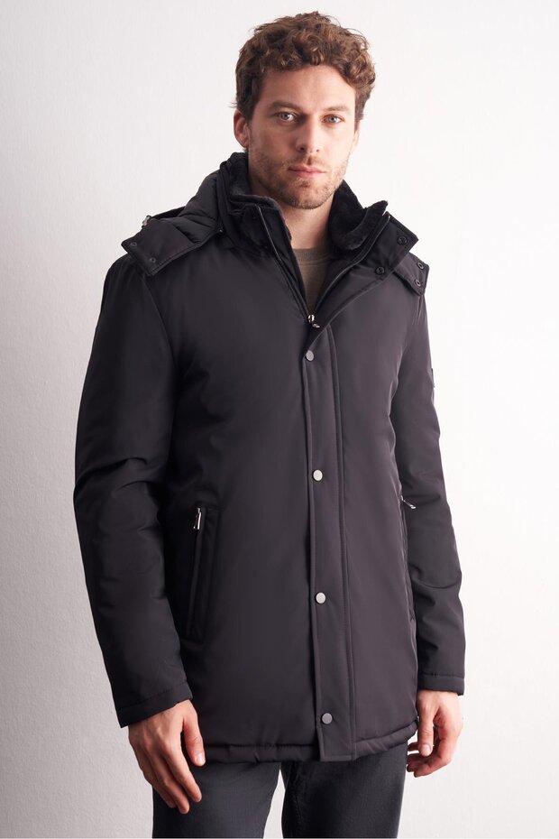 Black Removable Hooded Mock Neck Slitless Flexible Classic Coat 1008255165