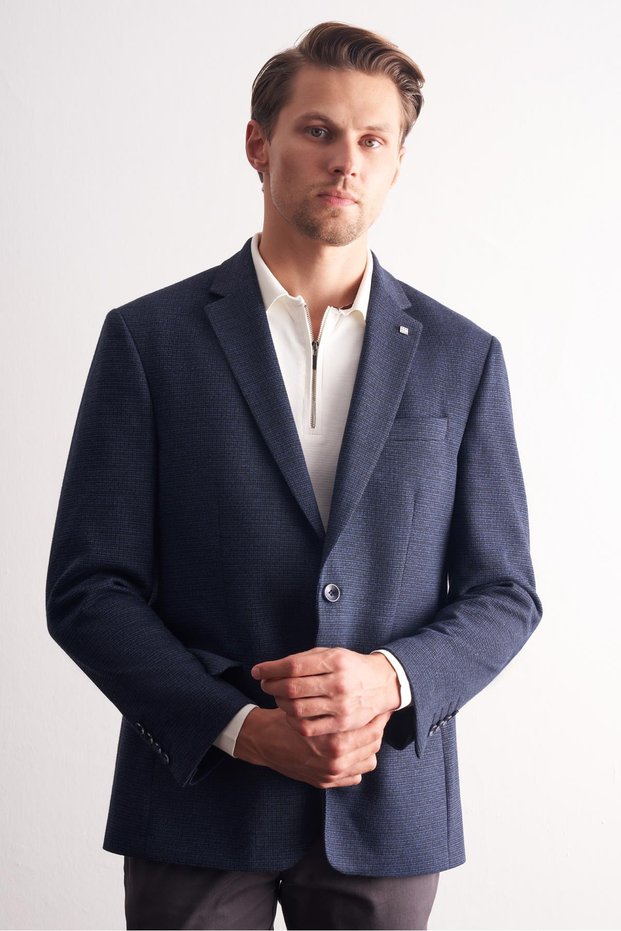 Navy Blue Mono Collar Self Patterned Cotton 4 Drop Comfort Fit Classic Jacket 1002255157