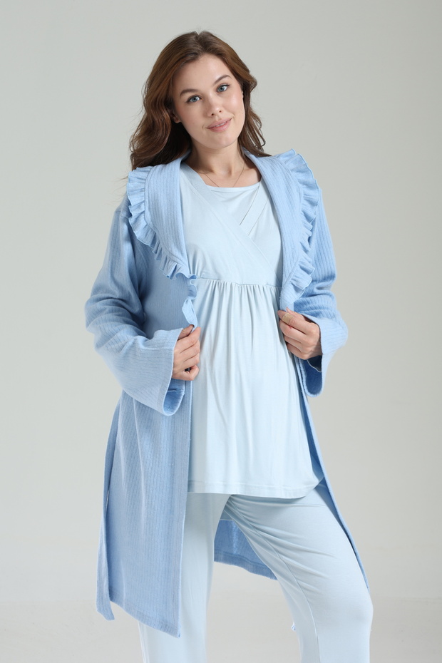 Women's Blue Ruffled Shawl Collar Cotton Maternity Pajama Set with Dressing Gown 3-Piece Set