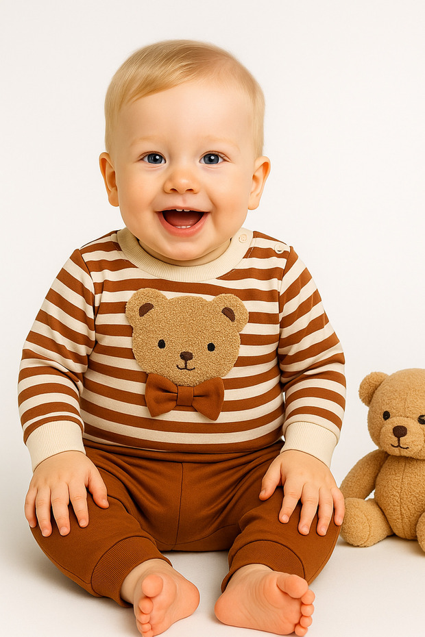 Baby Boy Teddy Bear Embroidered 2-Piece Transitional Top and Bottom Set 9-12-18 Months Long Sleeve Cotton