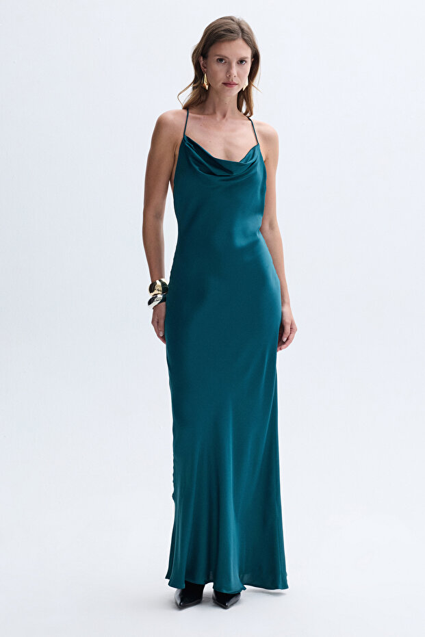 Women's Black Degaje Collar Backless Satin Long Dress