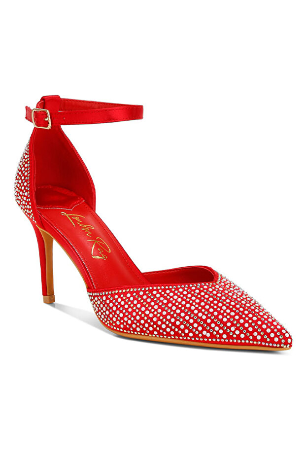 Women Pearls & Sequins Embellished Stiletto Sandals in Red
